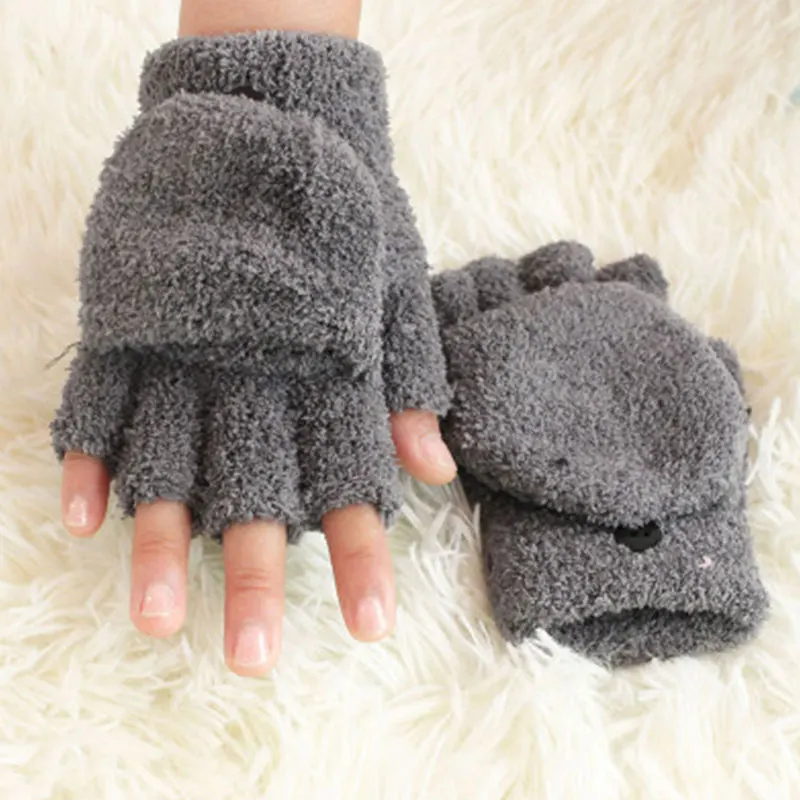 Winter Warm Women\'s Gloves Soft Coral Fleece Flip Cover Cycling Half Finger Gloves Unisex Men Women Warmer Mittens Thicknen