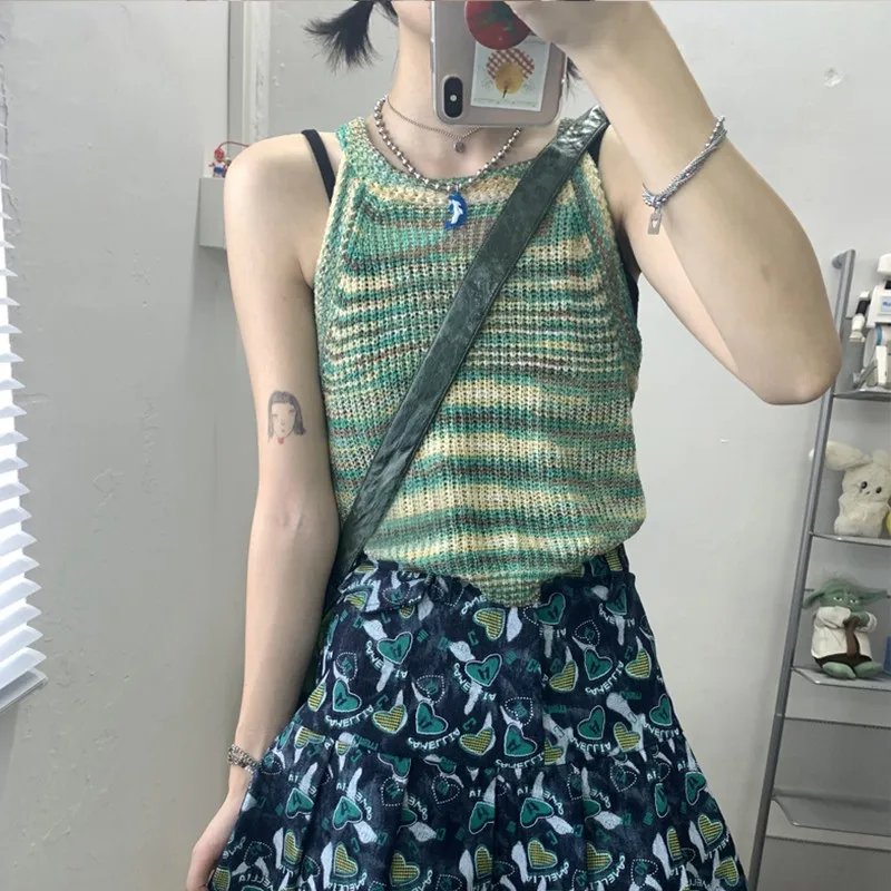 Karrram Japanese Harajuku Tank Tops Cottagecore Y2k Aesthetics Striped Vest Women Korean Fashion Kawaii Knit Crop Tops Vintage