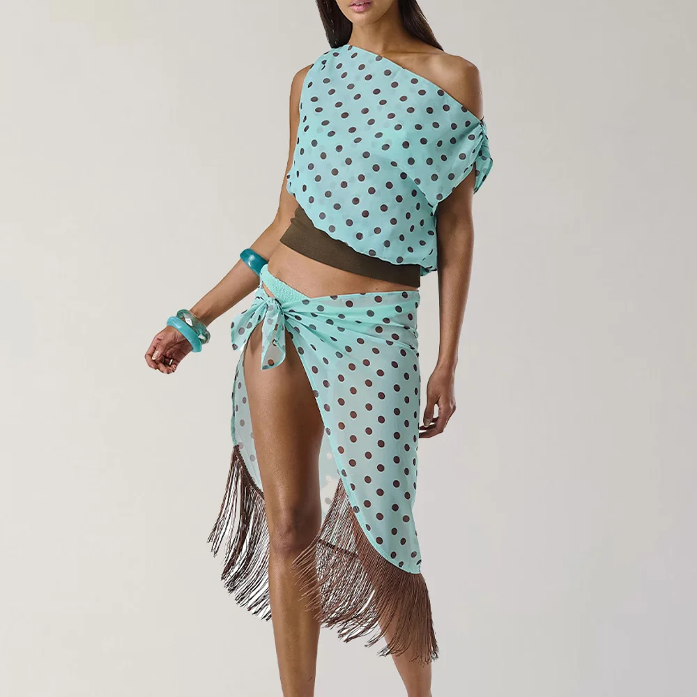 

Sexy Polka Dot Me Splice Two Piece Set oulder Bared Waist Inward Side Slit for Women Faionable Autumn Collection