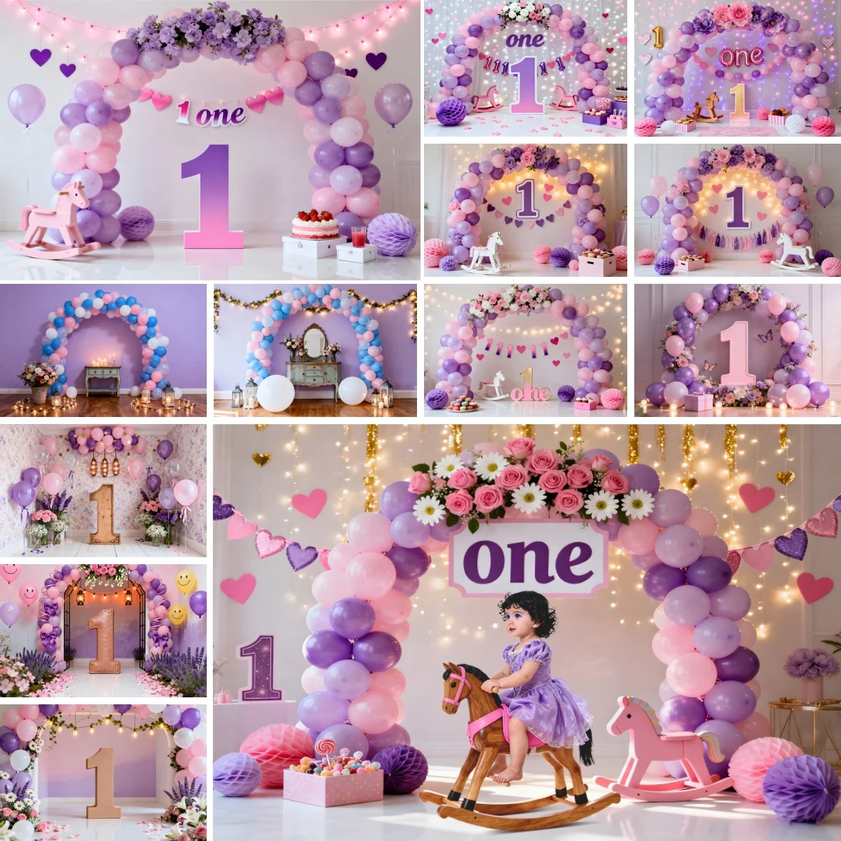 Newborn 1st Birthday Photography Backdrop Purple Balloons Arch Flowers Baby Shower Cake Smashing Girls Portrait Photo Background