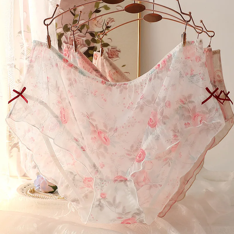 3PCS/Set Women\'s Panties Thin Soft Sexy Hazy Rose Mesh Stretch Sheer Underwears Plus Size 7XL Briefs Female Underpants