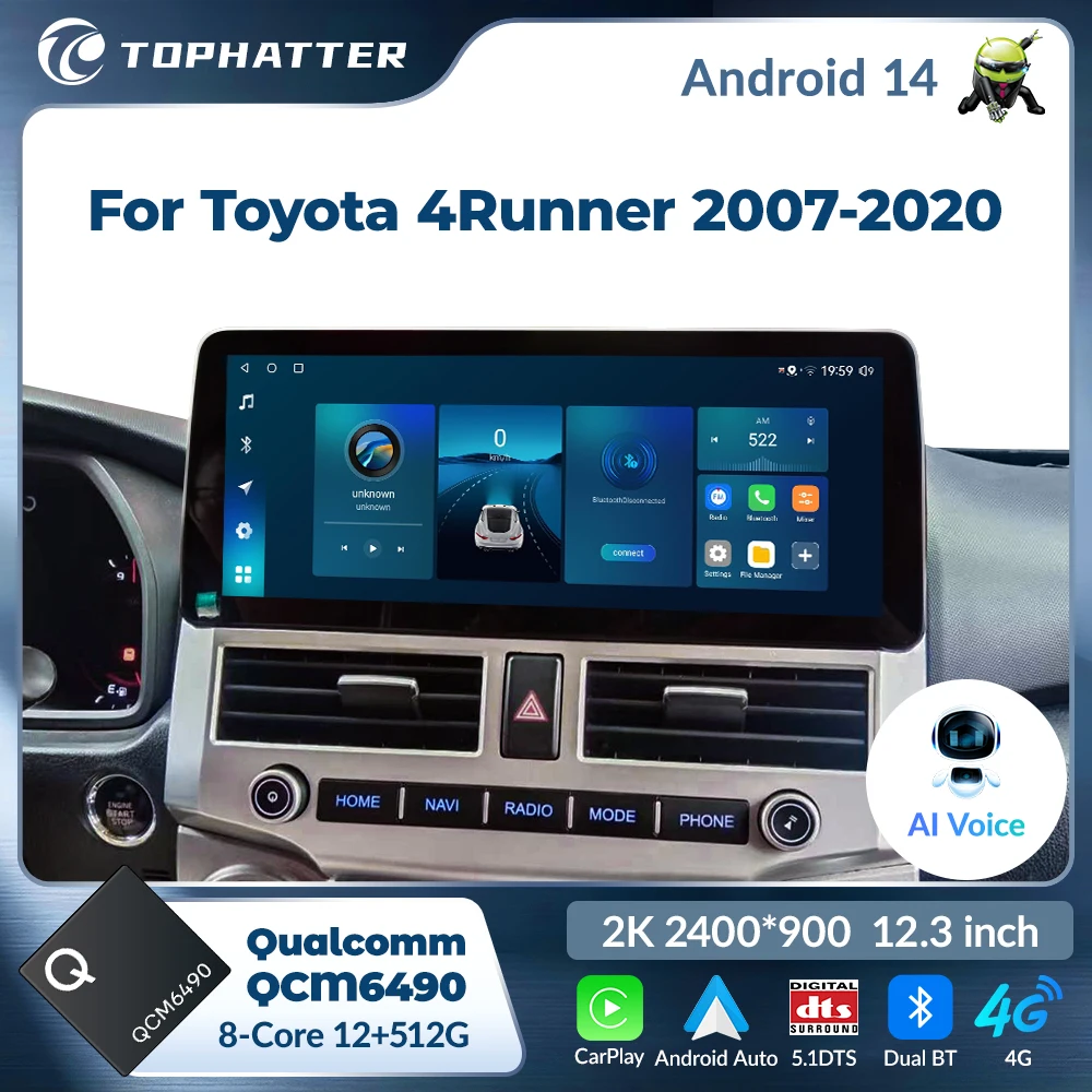 

12,3-дюймовое автомобильное Android 15 радио Qualcomm для Toyota 4Runner 2007-2020, мультимедийный плеер, стерео, навигация, 2K экран 2400*900, головное устройство