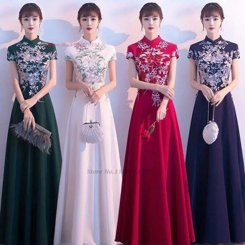 

2024 oriental improved qipao chinese national flower embroidery banquet dress cheongsam dress elegant evening dress vestido