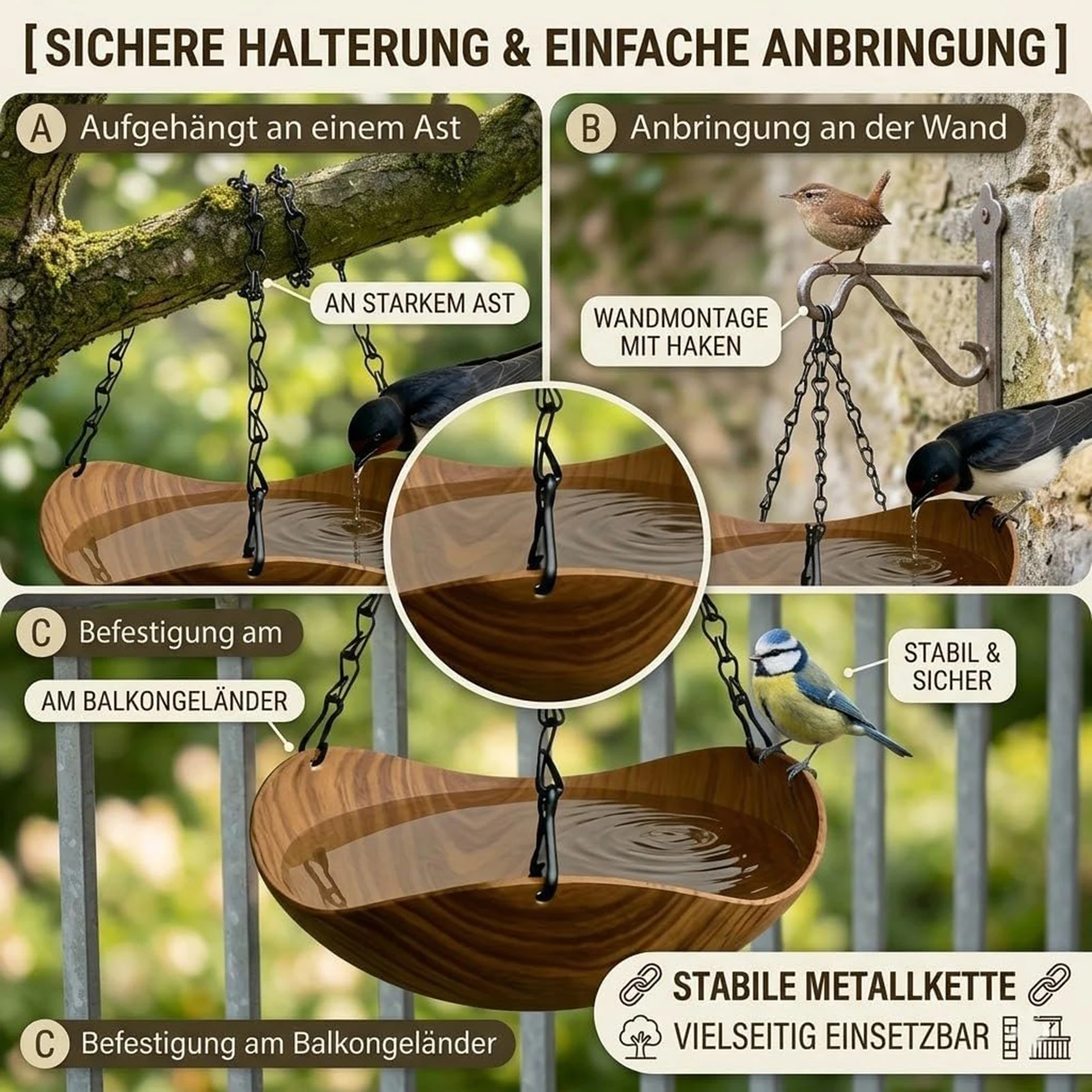 Bañera para Pájaros Colgante con Cadena y Gancho de Metal, Tazón Decorativo para Baño de Pájaros, Bebedero para Pájaros para Decoración de Jardín Exterior