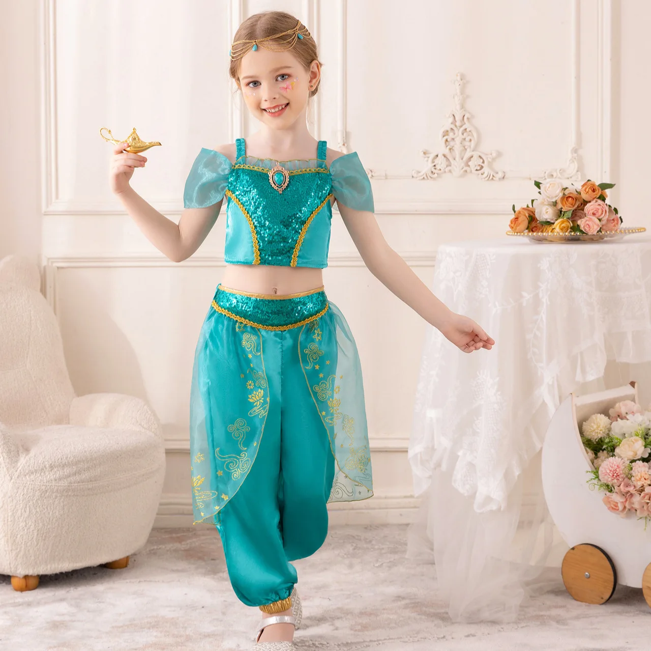 Festival Children Arabic Traditional Clothing Fancy Girl Aladdin Jasmine Princess Dress Dance Practice Halloween Cosplay Costume