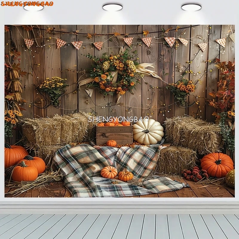 

Halloween Day Autumnal Pumpkins Photography Backdrops Props Maple Leaf Scarecrow Farm Harvest Thanksgiving Background RR-22