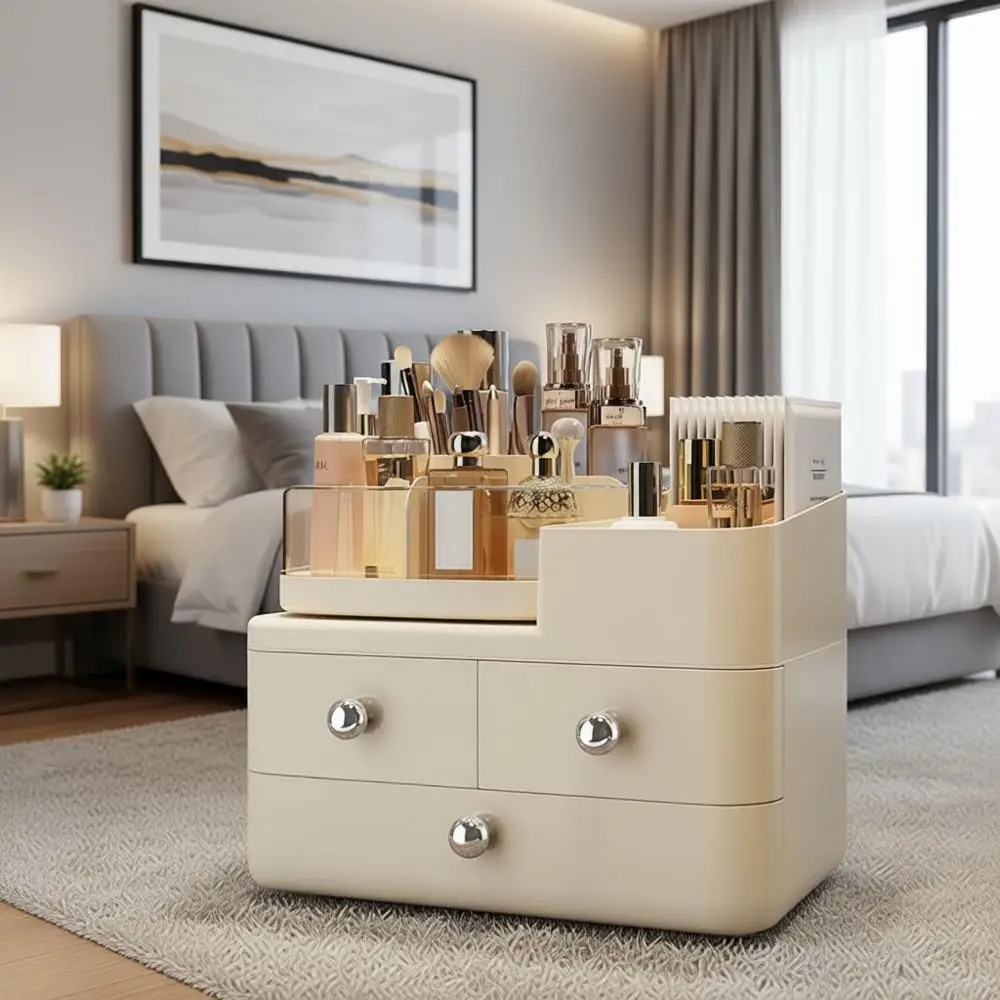 

3-Drawer Cosmetic Organizer, Makeup Storage Display, White Vanity Beauty Case with Chrome Knobs