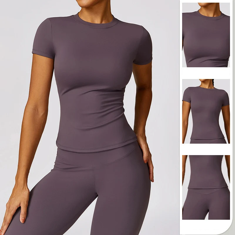 Women's Summer Short Sleeve Sports T Shirt Round Neck Breathable Stretchy GYM Yoga Slim Fitness Active Top Tee