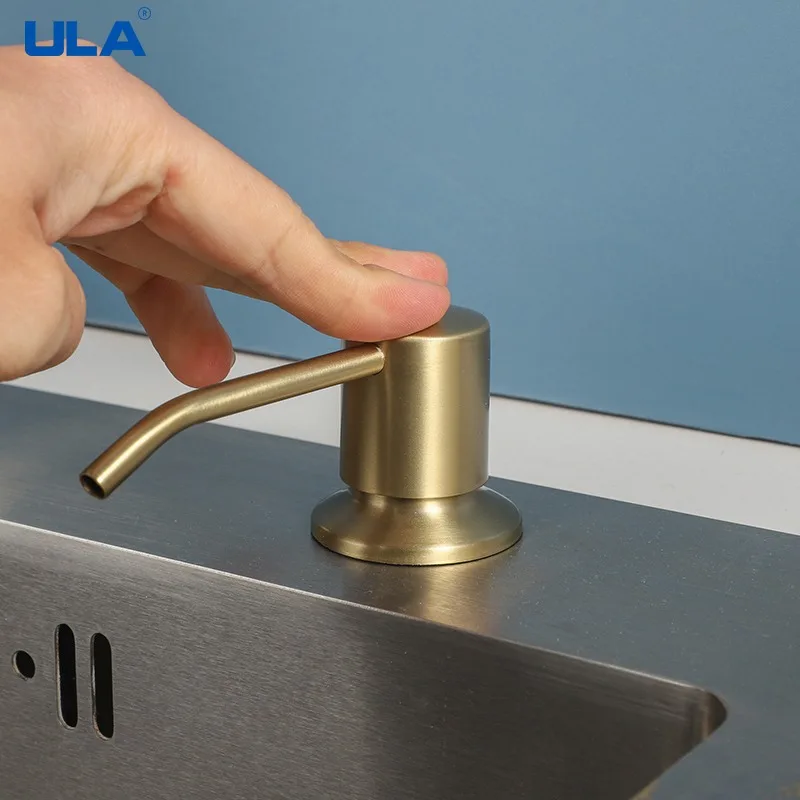 ULA Gold Kitchen Sink Liquid Soap Dispenser Liquid Soap Bottle Sink Mount Stainless Steel Head Hand Press Dispenser Bottle