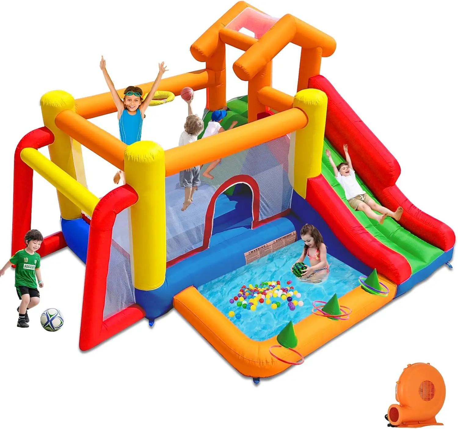 Casa de rebote 7 en 1 para niños de 3 a 10, castillo hinchable con tobogán largo, piscina para niños (pozo de pelota), portería de fútbol, pared trepadora, baloncesto