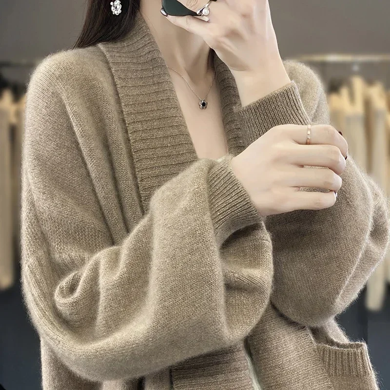 2023 Winter/ Autumn New Fashion 100% Wool Cardigan Women\'s Long Sleeve Knit Jacket Coat Female Loose Large Size Thicken Sweater