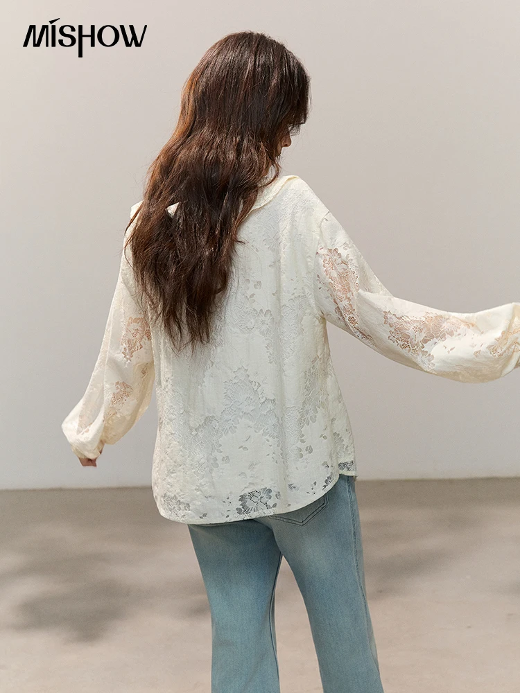 MISHOW French Style Lace Hollow Flower Embroidery Women's Blouse 2026 Spring New Ruffle Edge V-Neck Elegant Top MXF14X2541 view 5