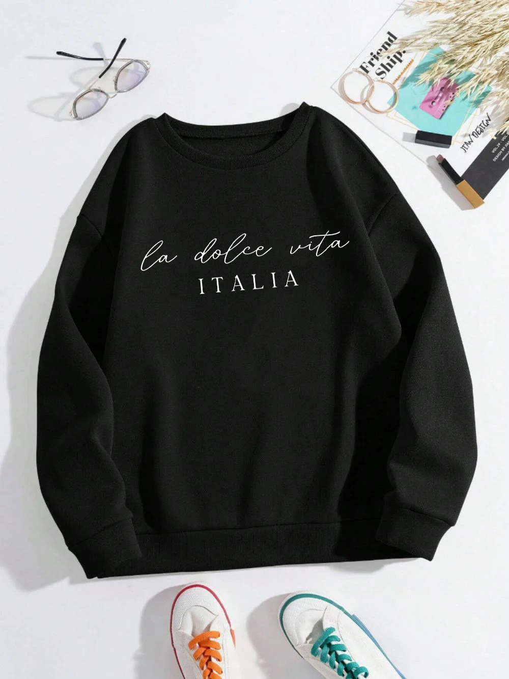 La Dolce Vita Italia bedrukt damessweatshirt ronde hals Y2K losse kleding veelkleurige casual trui fleece all-match top