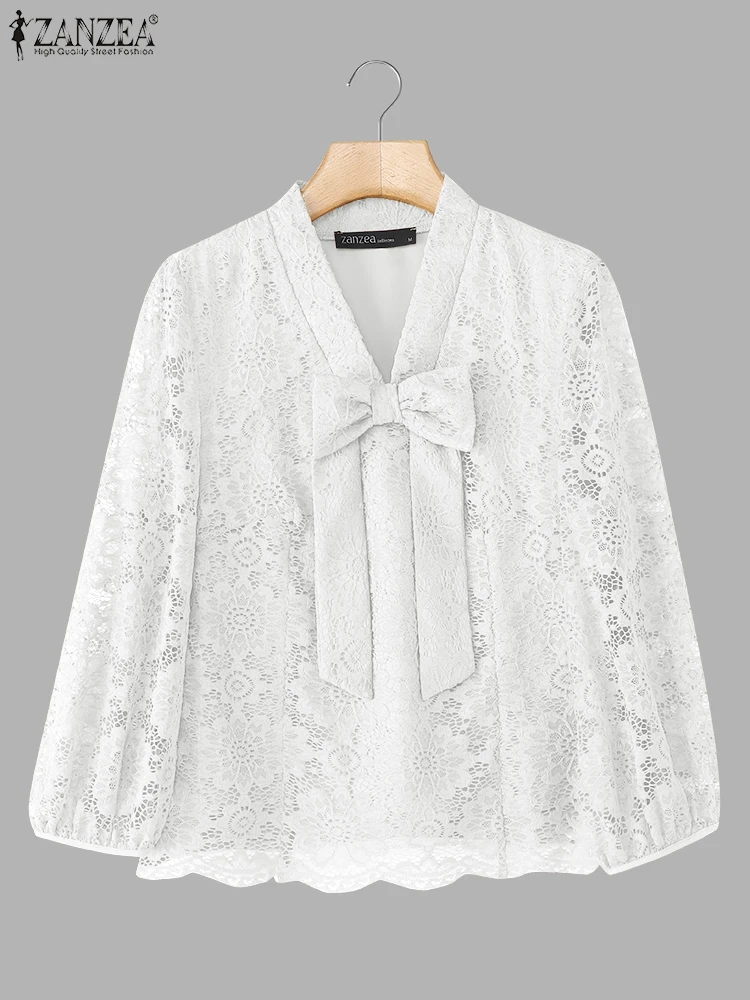 เสื้อแฟชั่น ZANZEA 2025 เสื้อผู้หญิงหรูหรา แต่งลูกไม้ คอวีผูกโบว์ เสื้อทำงานสำหรับสุภาพสตรี แขนพอง 3/4 สไตล์ลำลอง เสื้อเบลาส์