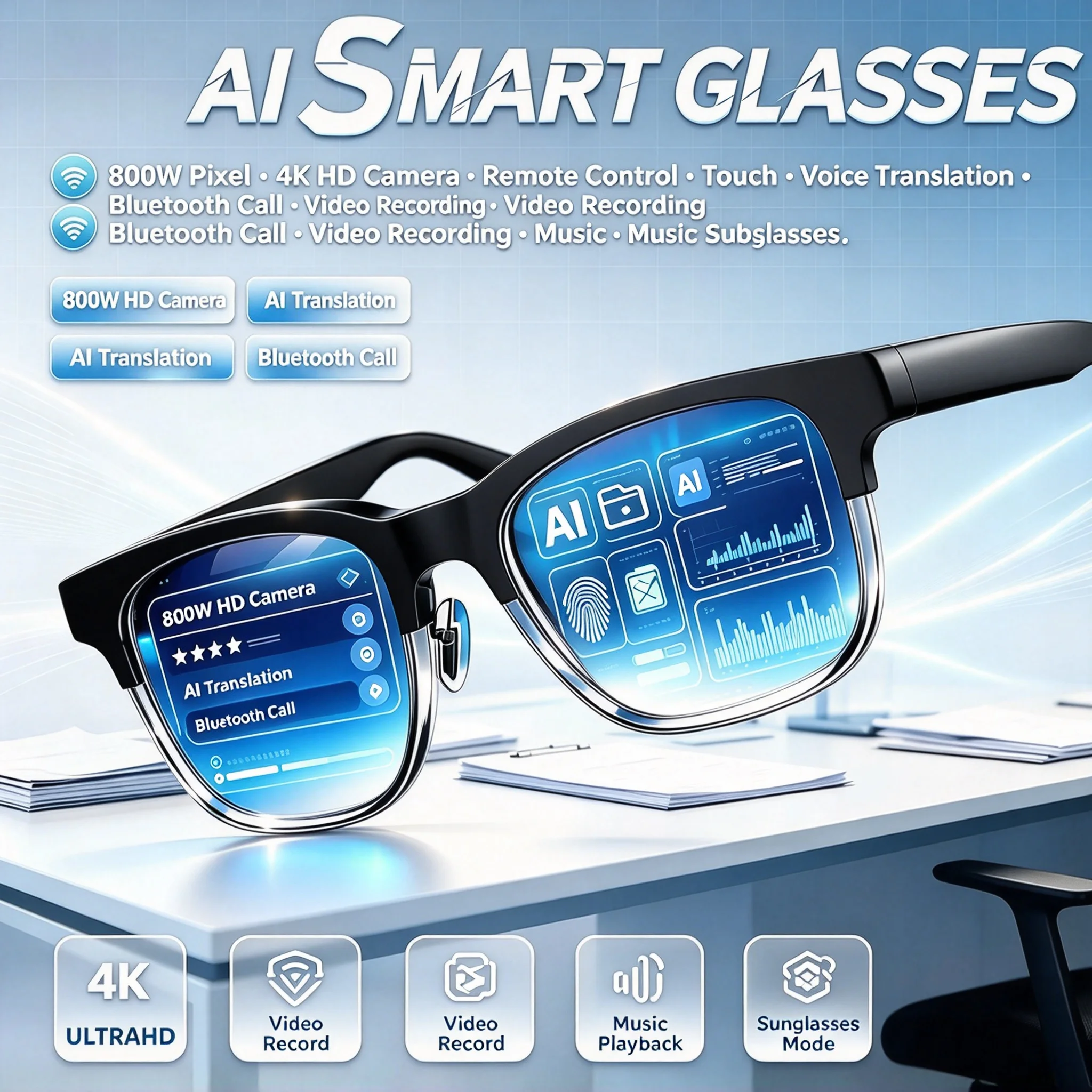 AI Smart Glasses Remote Control Touch Voice Translation Bluetooth Call Music Playback Video Recording Outdoor Sports Sunglasses