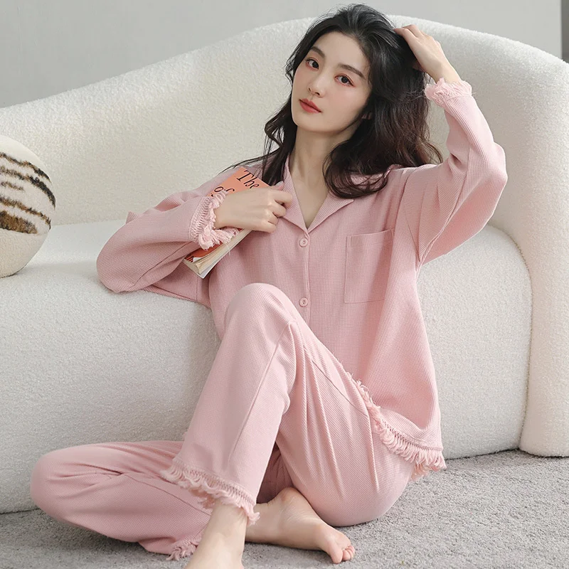 Autumn New Style Pajamas Women\'s Home Wear Round Neck Loose Casual Style 100% Cotton Two-piece Suit Lapel Cotton Suit Pyjamas