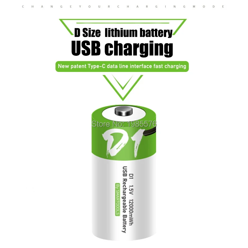 Batería recargable de iones de litio, 1,5 V, 12000mWh, tamaño D, USB, tipo D, para linterna, calentador de agua, etc.