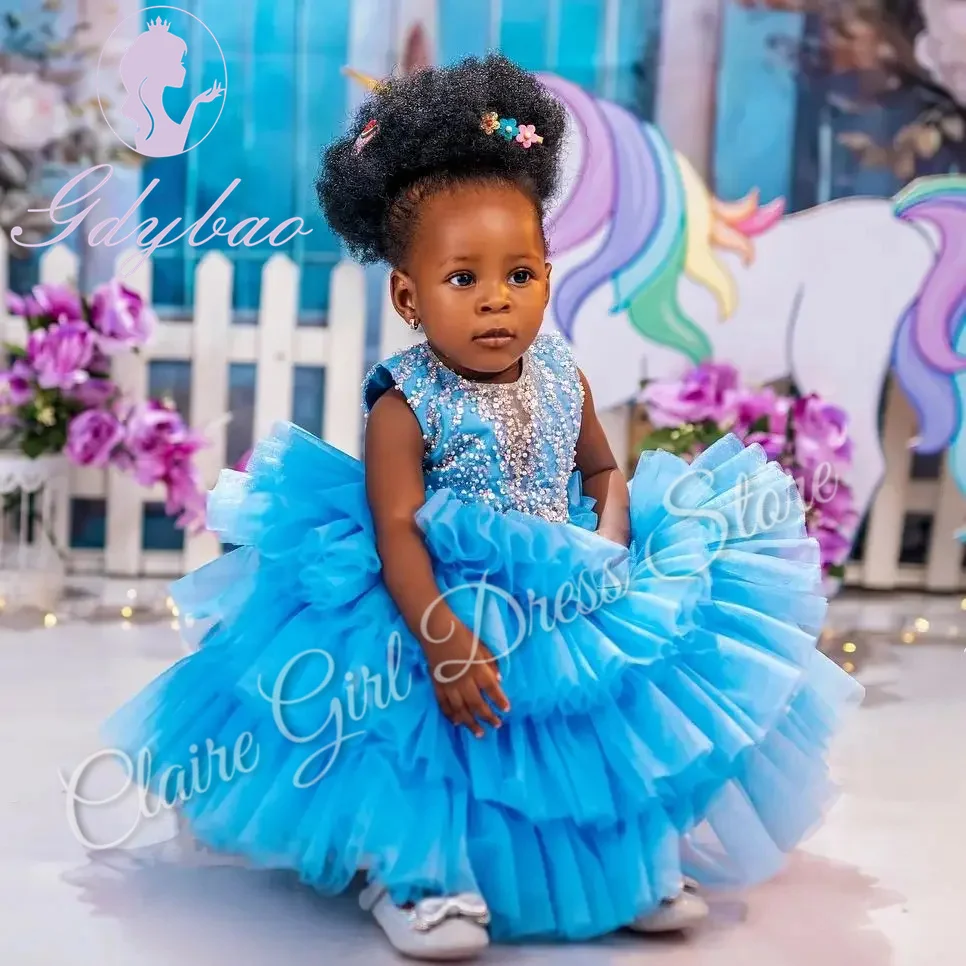 Vestidos de niña de flores azul cielo personalizados para boda, encaje, tul, lentejuelas, perlas, fiesta de cumpleaños para niños, vestido de primera comunión