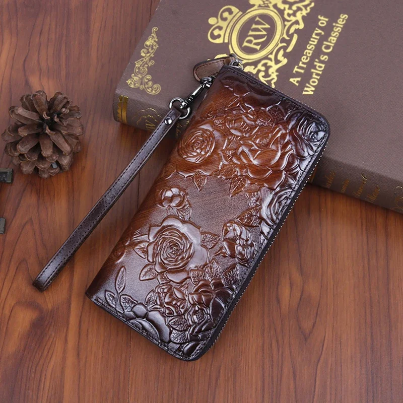 

Women Long Wallet Clutch Handy Bag Genuine Leather with Rose flower For Female Lady ID Credit Card Retro Money Wrist Purse Bags