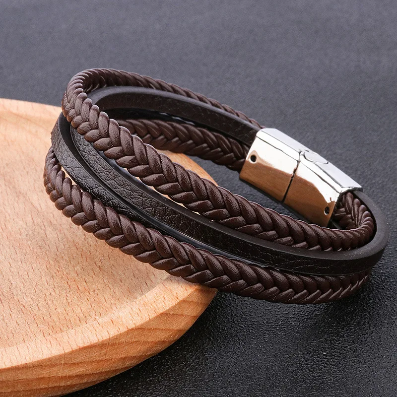 Original trinkets men's jewelry handmade braided leather rope bracelets popular diy alloy magnetic clasp leather bracelet