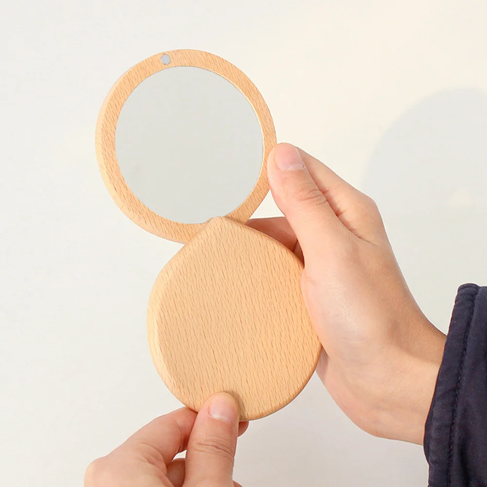 1 個ポータブル木製小型化粧鏡傷つきにくいコンパクトポケットミラー女性用レディースカーキ