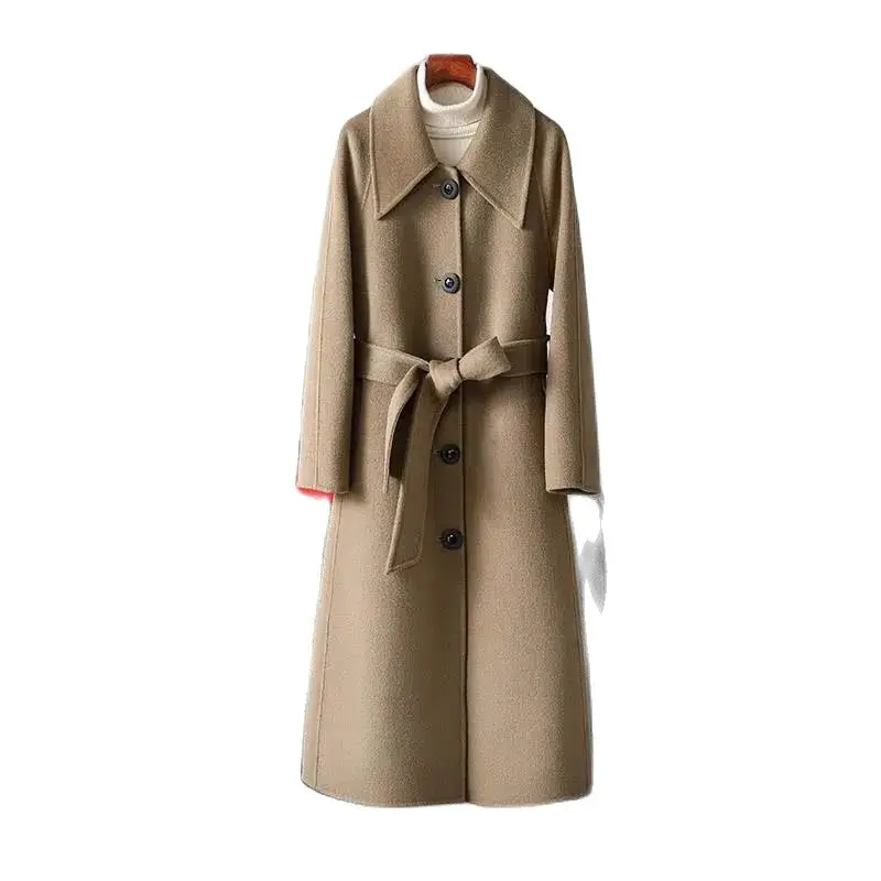 

2022 Autumn And Winter New Double-sided Cashmere Belt Coat Women's Mid-length Solid Color Thin Temperament Woolen Coat WomenTide