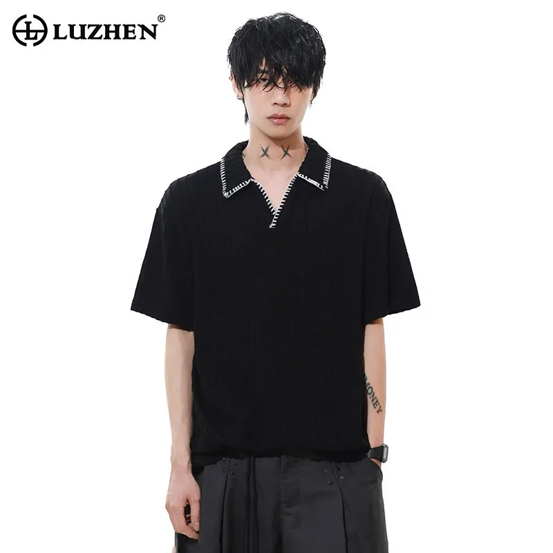 

LUZHEN 2025 New Fashion Wave Lapel Short Sleeve T-shirt Pullover Men's Solid Color Korean Elegant Handsome Casual Clothes JY3357