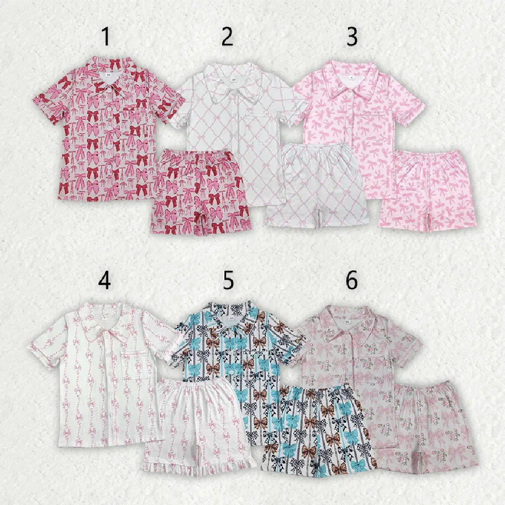 

6 Colors Adult Women Bows Pocket Buttons Tops Shorts Pajamas