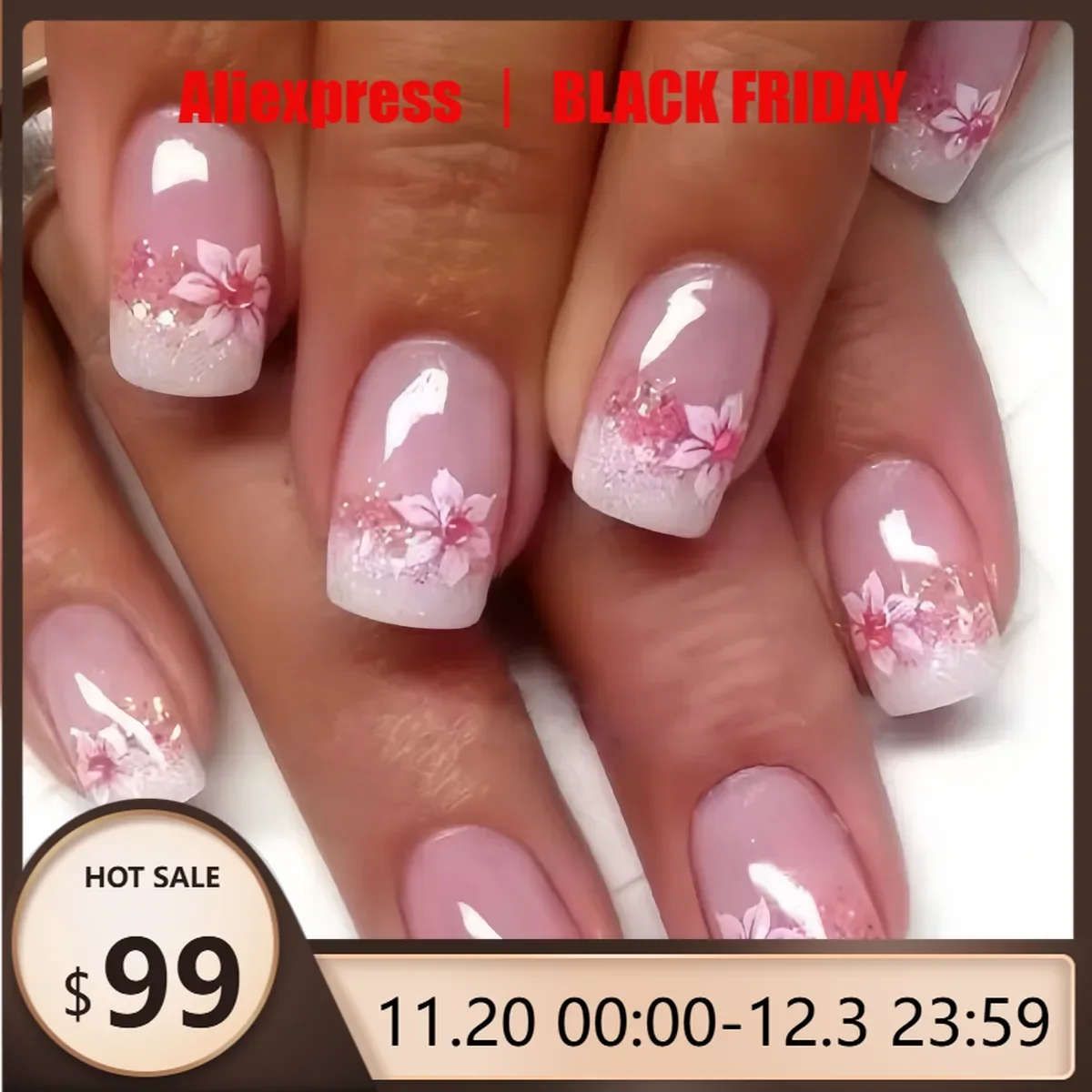 

24Pcs Square Press-on Nails Set with Pink Flower Patterns Full Cover Acrylic French Nail Tips Adhesive For Stylish Women/Girls