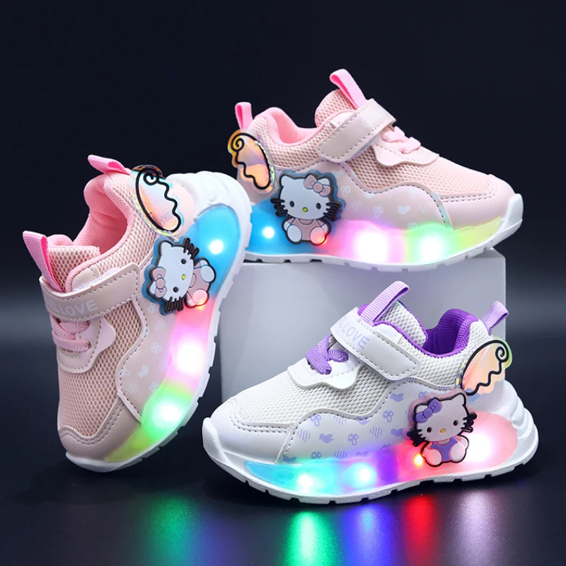 Baby Girls Cute Hello Kitty Luminous Shoes Children's Breathable Glowing Sport Shoes Fashion Hook Toddler Shoes Led Flash Lights