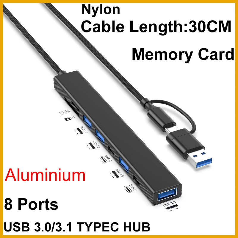 hub-usb-20-30-type-c-31-com-8-portas-e-leitor-de-cartoes-tf-sd-para-disco-rigido-movel-impressora-telefone-alto-falante-mouse-teclado-e-pen-drive