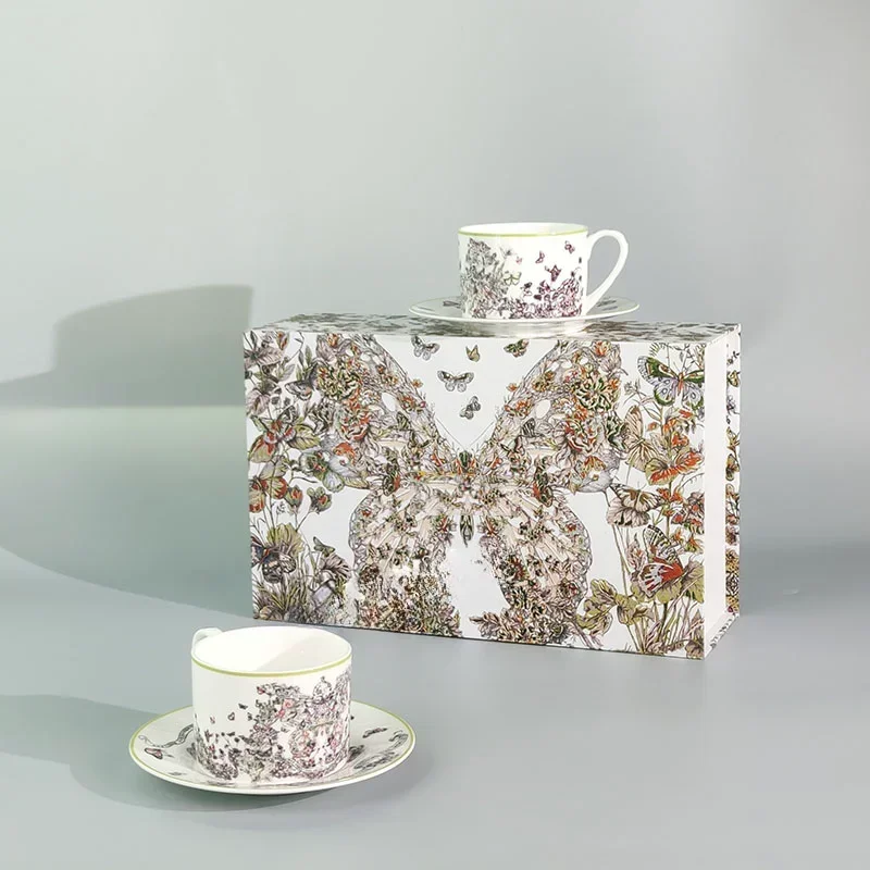 European Pastoral Style 24 Early Spring Butterfly Series Bone China Coffee Cup and Saucer Afternoon Tea Teaware Cup Coffee Cup