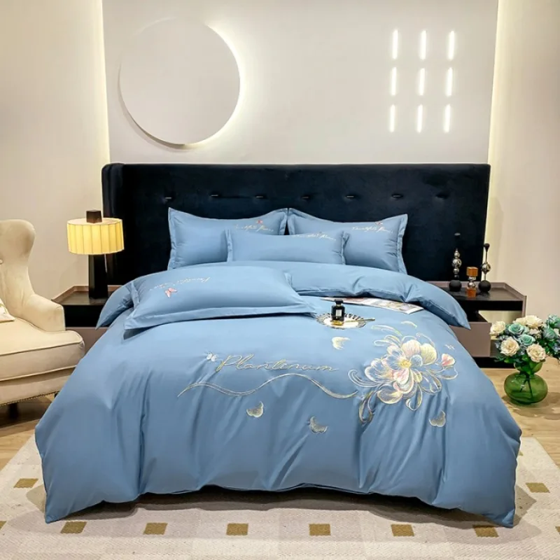 new-high-end-embroidery-four-piece-set-solid-color-elegant-cotton-skin-friendly-brushed-bedding-four-piece-set-bed-sheet-set