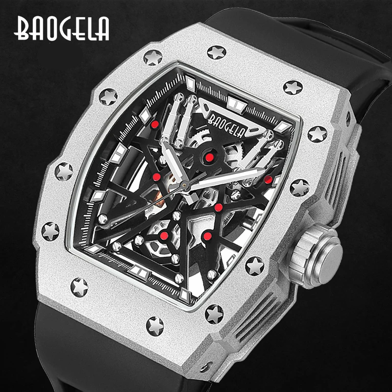 BAOGELA Top Brand Dominant  Mechanical Industrial Style Skeleton Luminous Waterproof Sports Watches 304 Steel Silicone Watch