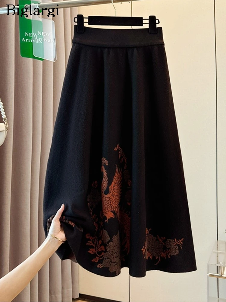

Oversized Knitted Autumn Winter Skirt Women Floral Print Fashion Ruffle Ladies A-Line Long Skirts Loose Casual Woman Skirt