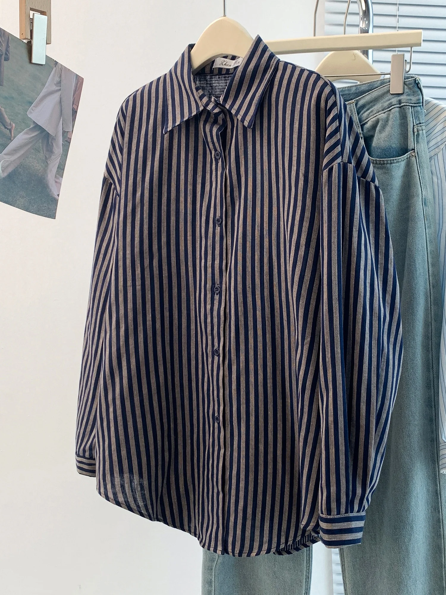 

Artistic Casual Loose Striped Double Layered New Spring irt for Women Brand Bule plus Size Comfortable Versatile Top