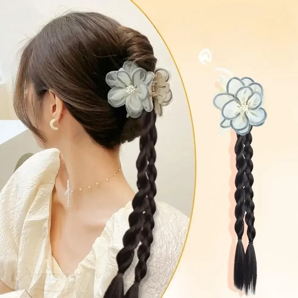 Female Flower synthetic Wig Hair Clip Twisted Double Ponytail Hair Extension Summer Sweet Gentle Versatile Hairstyle