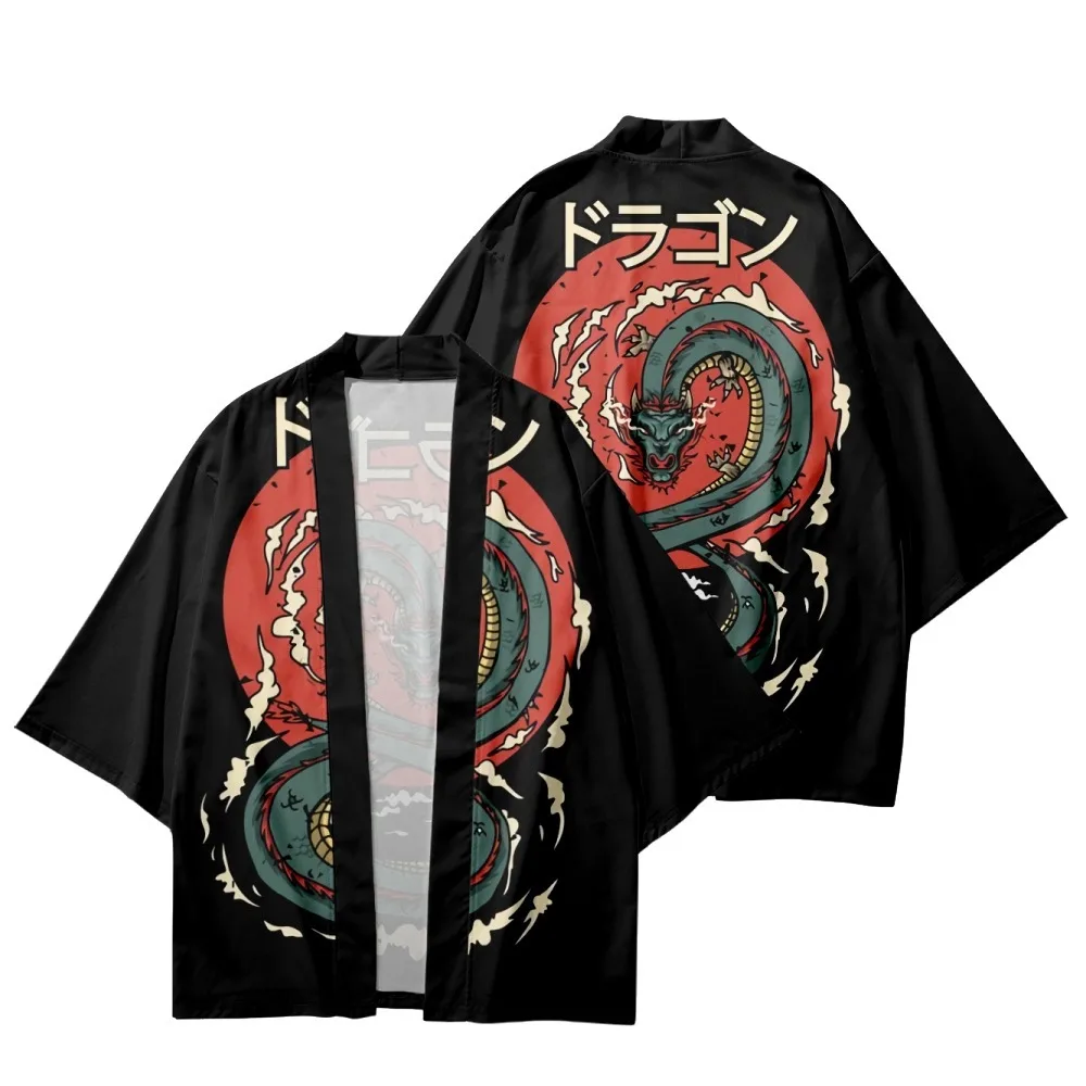 Japanese Anime Dragon Print Traditional Kimono Men Women Yukata  Summer Beach Streetwear Cardigan Cosplay Haori Black Coat