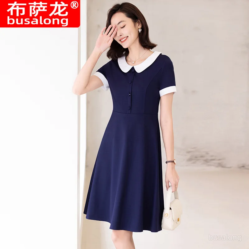 2025New Summer Gray Short Sleeve Color Block Dress for Women Professional Casual Fashion Slim Fit Commuting Trend