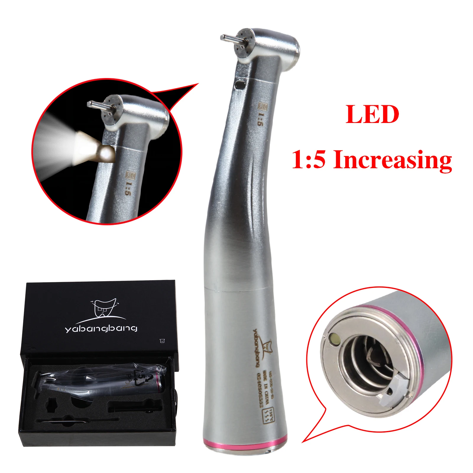 Dental LED 1:5 Increasing Fiber Optic LED Contrangolo Low Speed Innerwater spray Handpiece Red Rings FIt KaVo/NSK Electric Motor