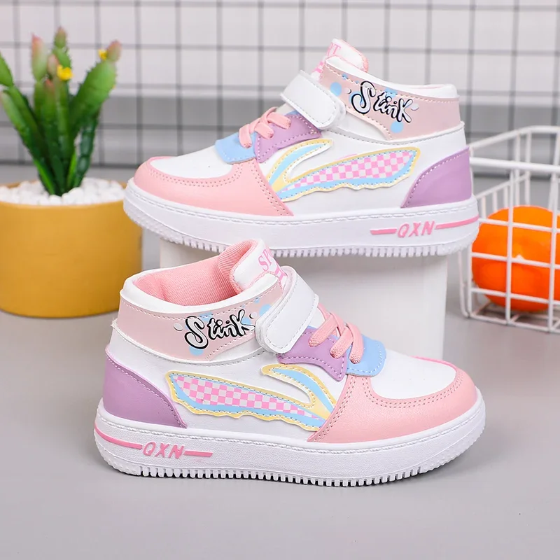 Zapatillas altas de moda para niños, zapatos deportivos de cuero PU para todas las estaciones, zapatos casuales para caminar para niños y niñas,