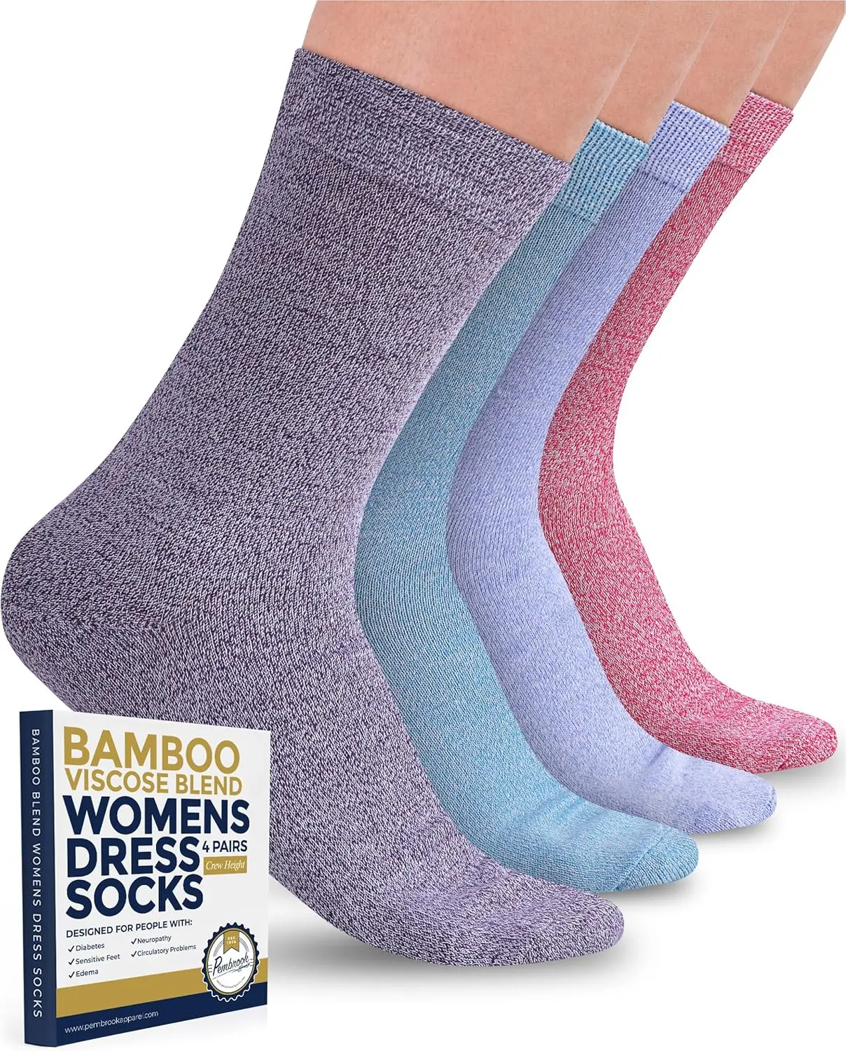 

Bamboo Viscose Dress Socks for Women - 4 Pairs Moisture Wicking Thin Crew Trouser Socks