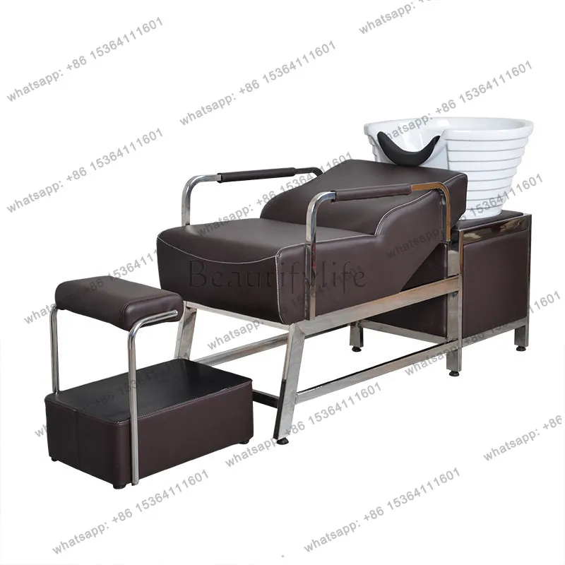 Simple and modern hair salon special stainless steel shampoo bed barber shop hair bed ceramic basin high-end