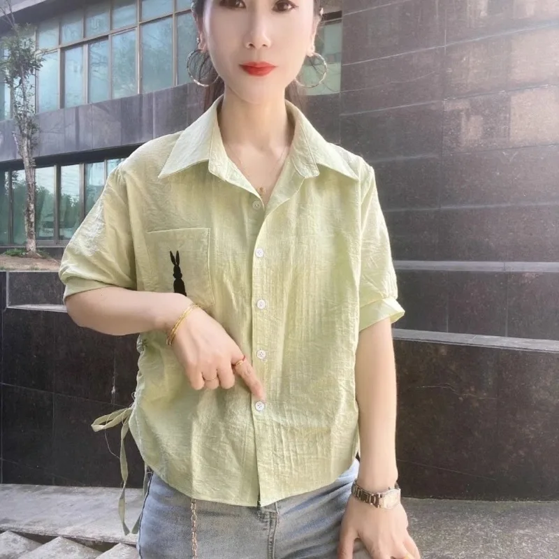 Women Green Short Sleeve Shirt with Rabbit Embroidery and Drawstring Casual Summer Blouse - view 6