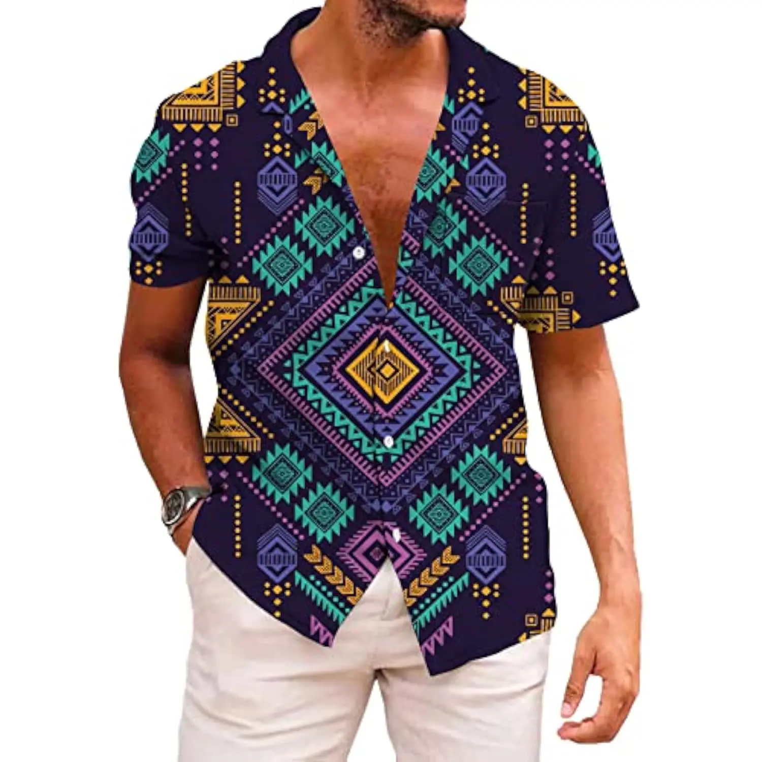 Shirts for Men Dashiki 70s Outfits Print Button Down Shirt Men Short Sleeve Clothing Hawaiian men's shirt casual oversized top