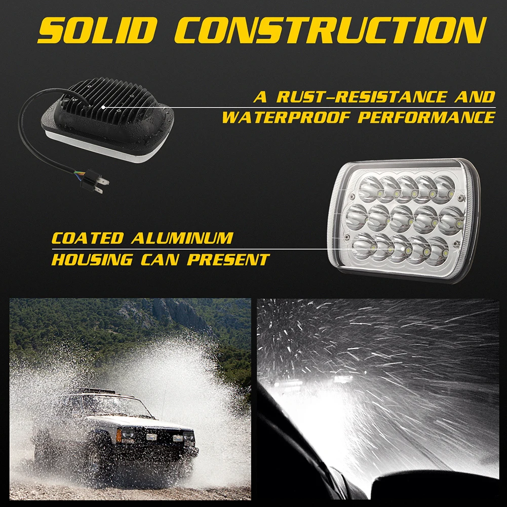 7 Inch Car Headlight H4 Square 45W 15LED High Lumen 6000K White Driving Lights Hi/Lo Beam Waterproof for Jeep Truck Accessories