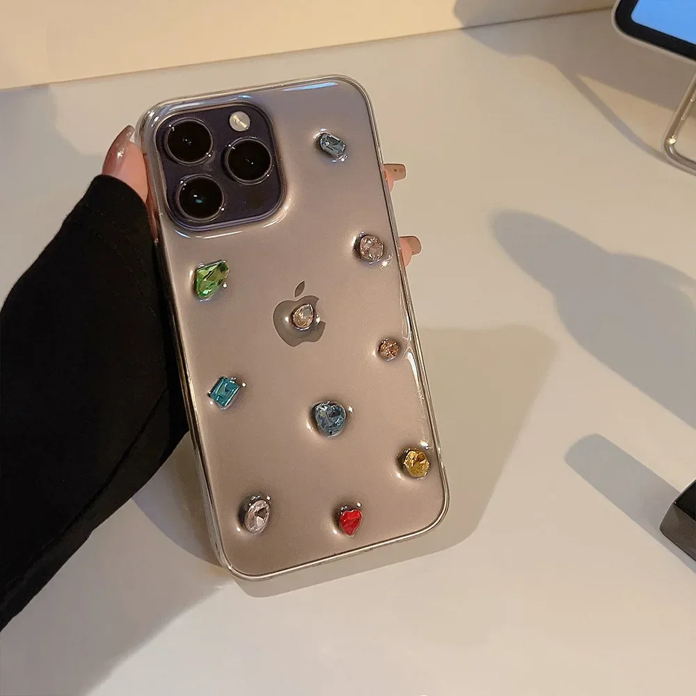 IPhone用のかわいい色のラインストーン電話ケース,3D漫画,キラキラ,透明なバックカバー,iPhone 16,15,14 plus,13,12,11 pro,xs max,x,xr