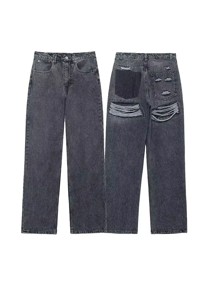 HH 2024 Women's Street Fashion Denim Blue Jeans Distressed Patchwork High Waist Zipper Fly Ripped Retro Long Pants