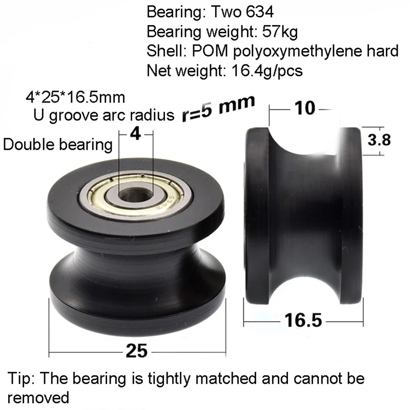 Koło wklęsłe w kształcie litery U z rowkiem, wbudowane podwójne łożysko 634ZZ, koło prowadzące o średnicy 10 mm, koło napędzane POM 5 * 25 * 16,5 MM