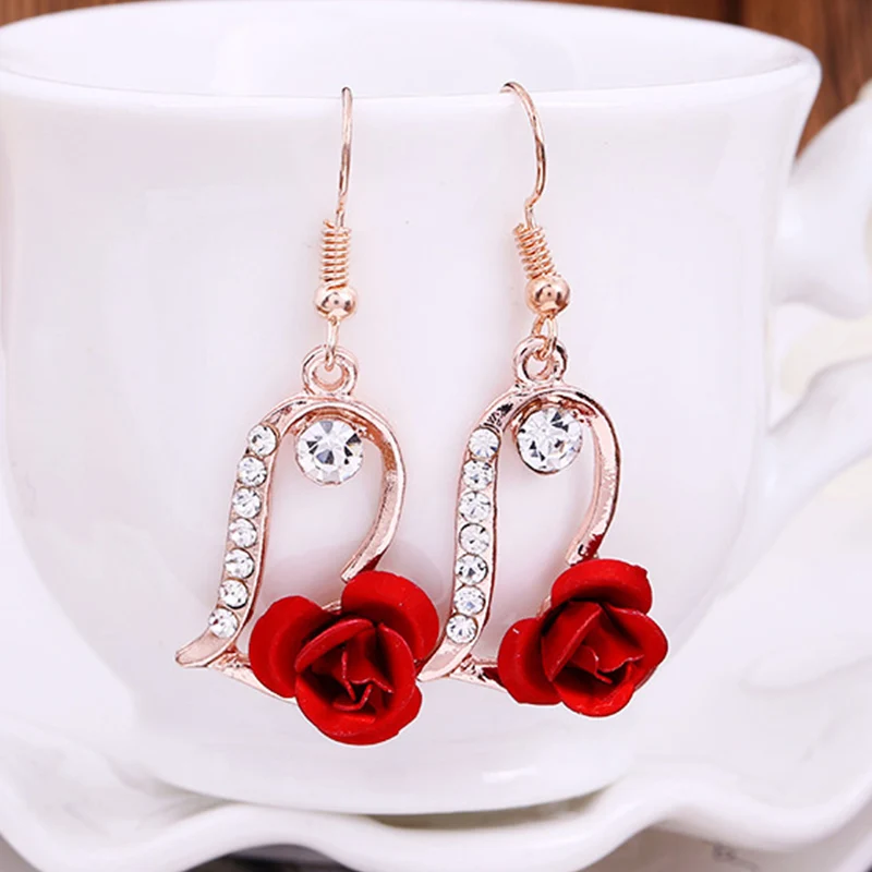 Women's Vintage Rhinestone Red Rose Drop Earrings